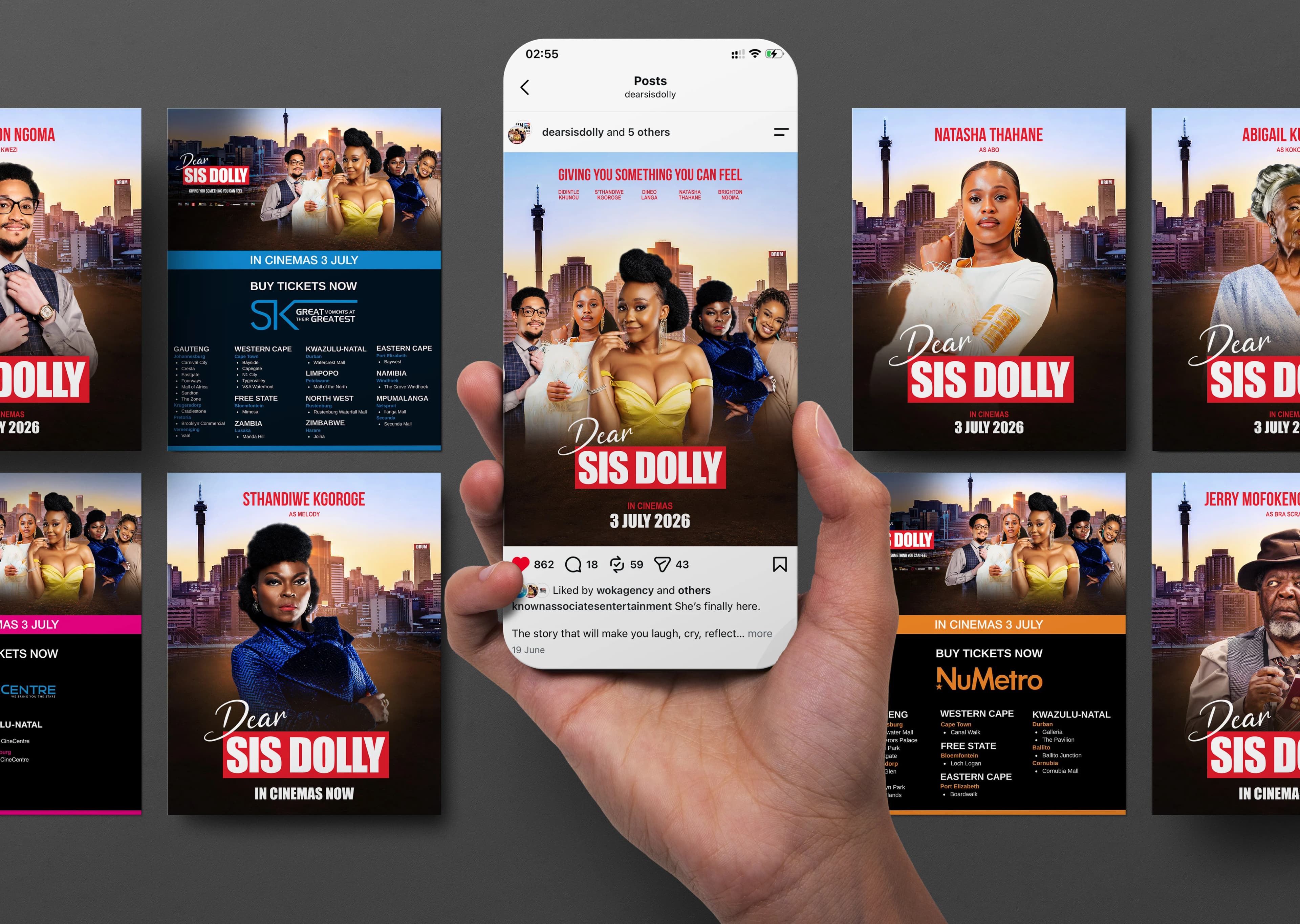 Dear Sis Dolly social media feed posts presented on a phone screen and as surrounding layouts, including character posters and Ster-Kinekor and Nu Metro booking listings.