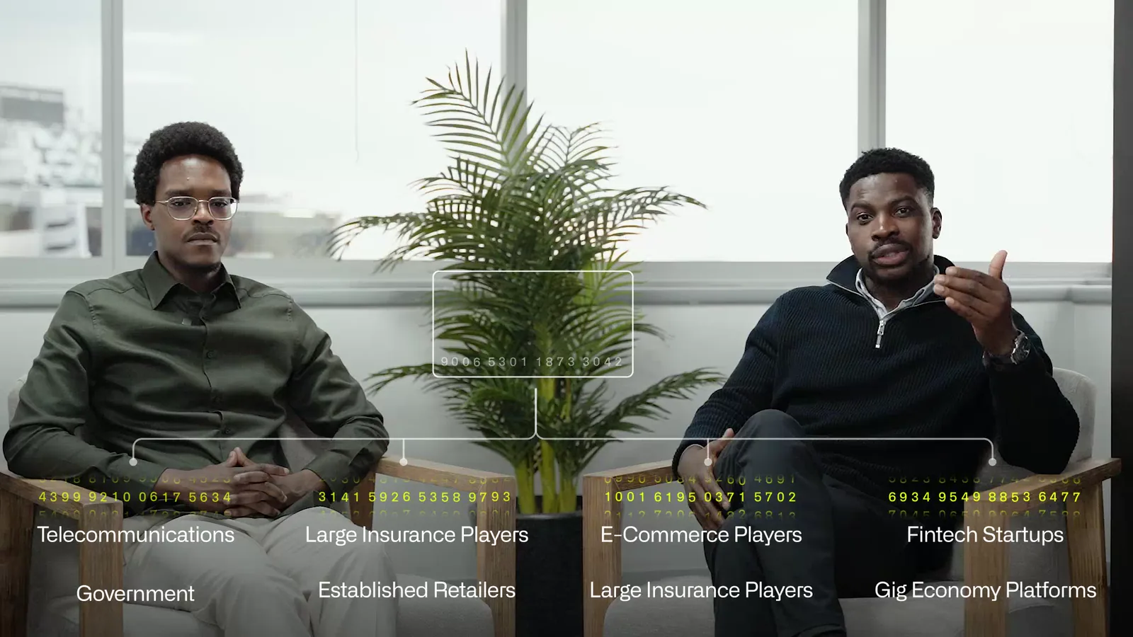 Two people in conversation on an office sofa, with a grid of sector labels — telecommunications, government, large insurance players, established retailers, e-commerce players, fintech startups and gig economy platforms — drawn across the lower frame.