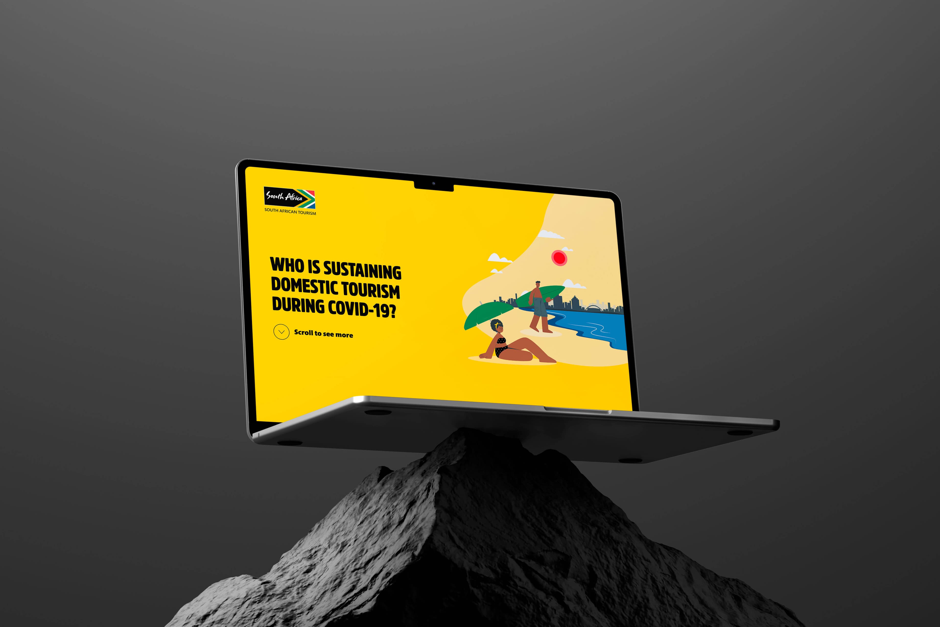 The infographic's opening screen presented on a laptop, showing the yellow 'Who is sustaining domestic tourism during Covid-19?' title beside an illustrated beach scene and a 'Scroll to see more' prompt.