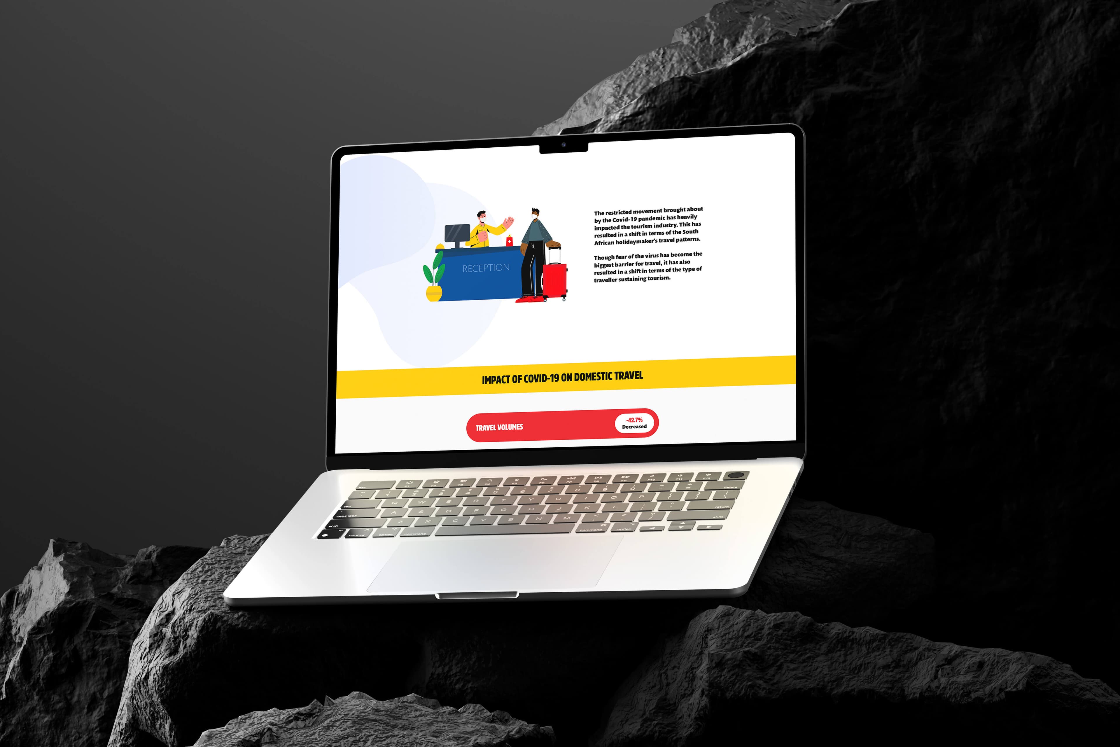 The impact-of-Covid-19 screen presented on a laptop, pairing an illustrated hotel reception with a travel-volumes figure and explanatory copy.