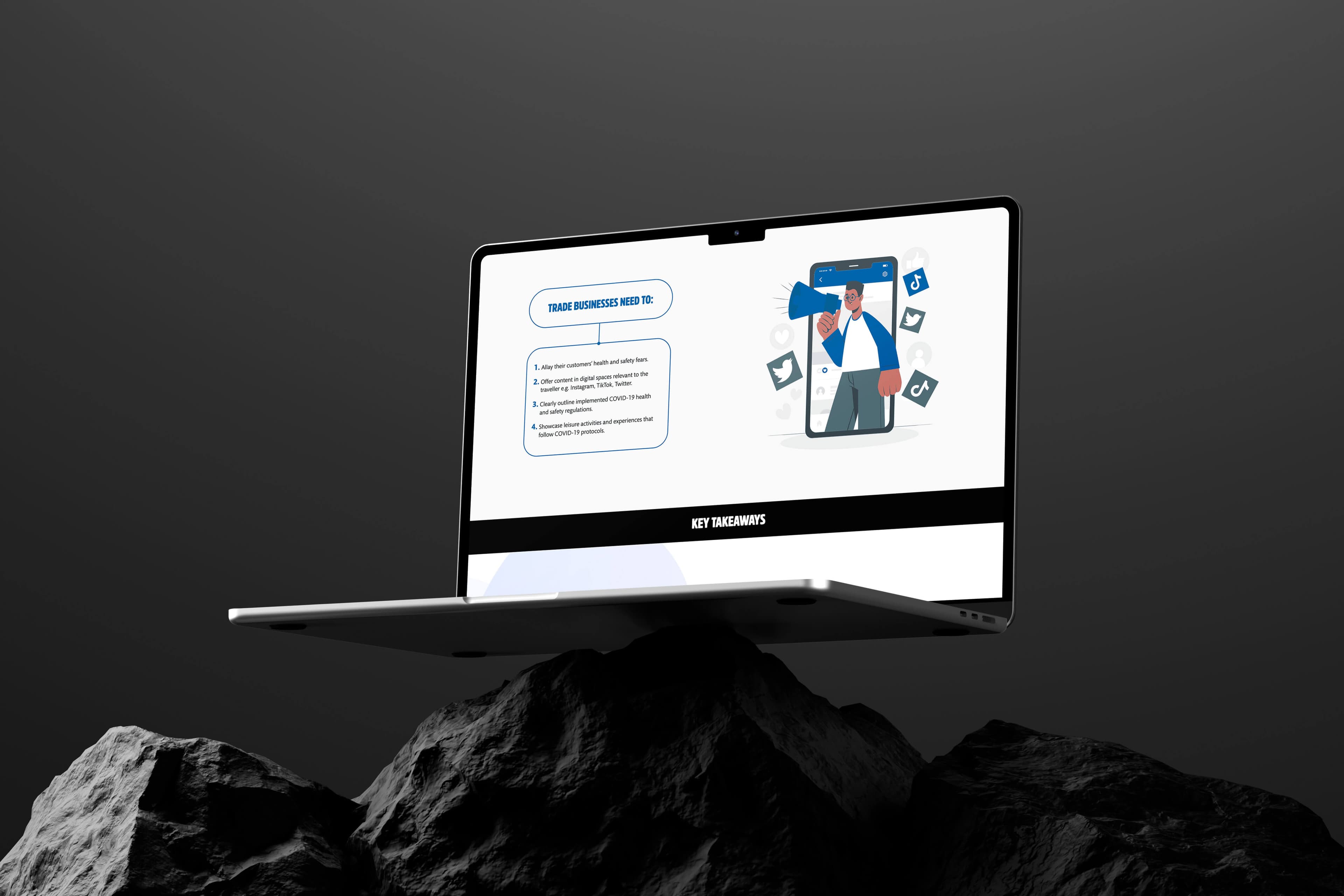 The key-takeaways screen presented on a laptop, listing four numbered recommendations for trade businesses beside an illustration of a person with a megaphone.