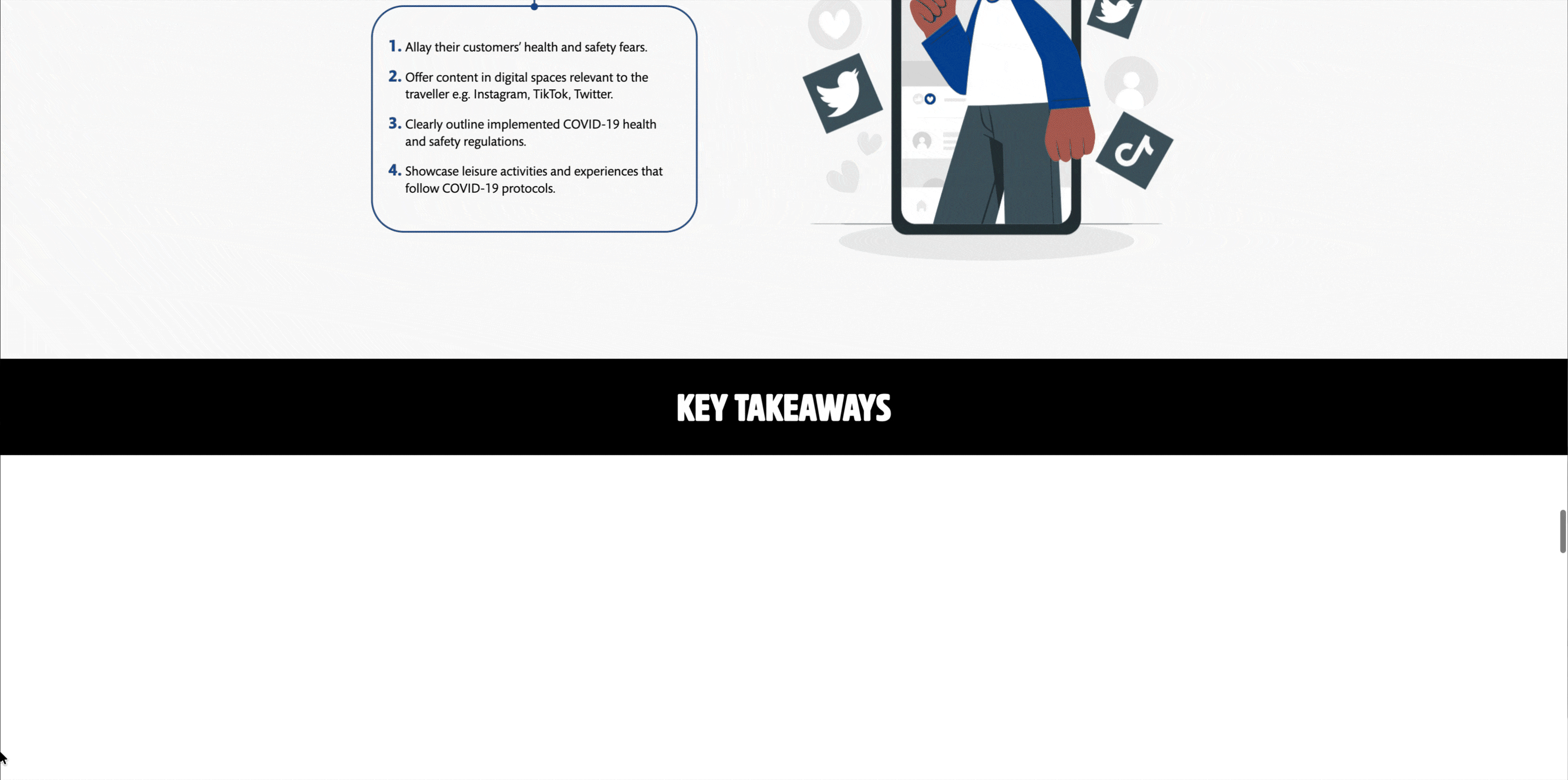 The infographic's key-takeaways section scrolling past, listing what trade businesses need to do beside an illustration of a person with a megaphone surrounded by social media icons.