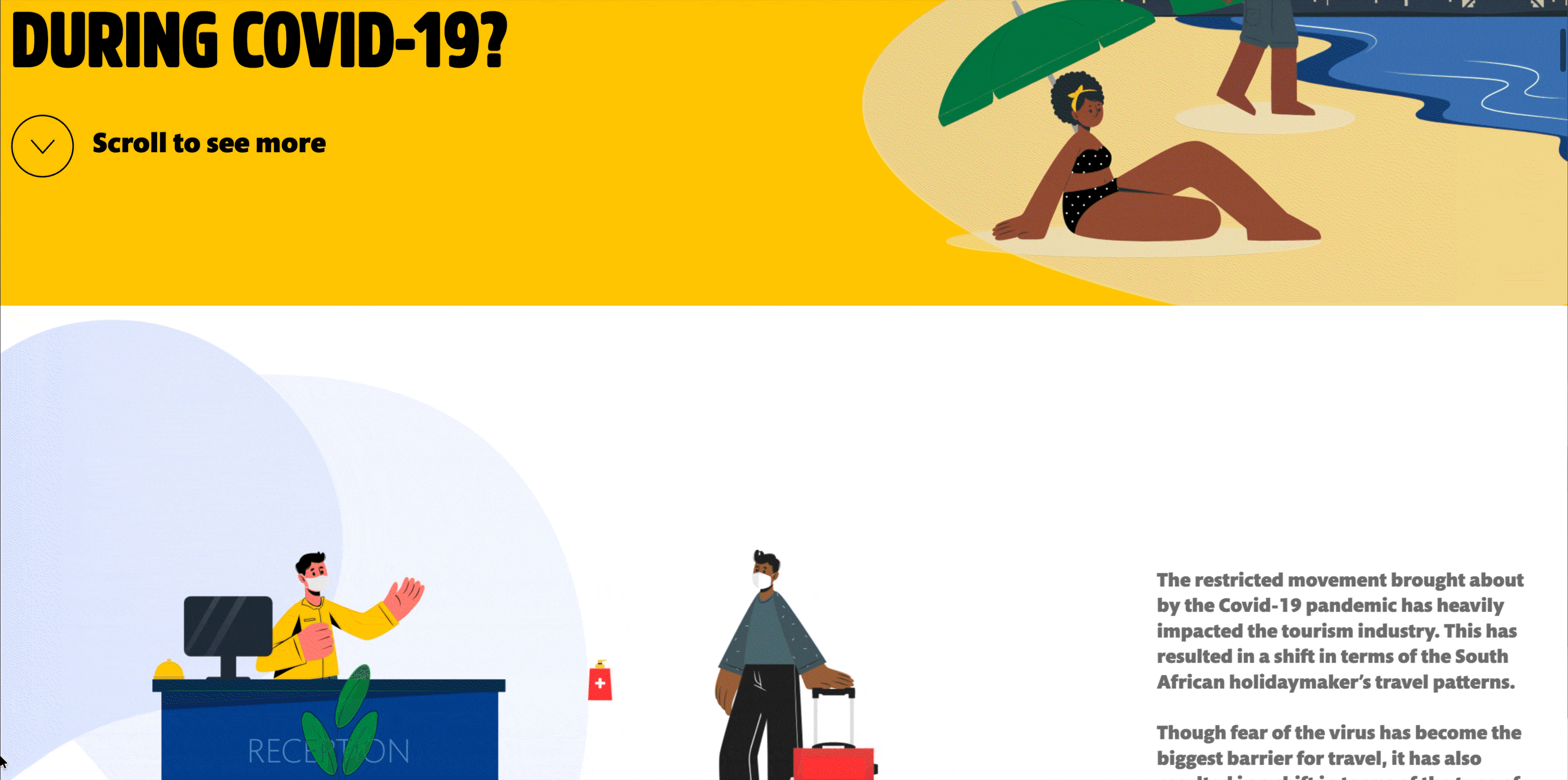 The opening panel scrolling from the yellow 'Who is sustaining domestic tourism during Covid-19?' title into the impact-of-Covid-19 section, showing a masked traveller checking in at a reception desk.