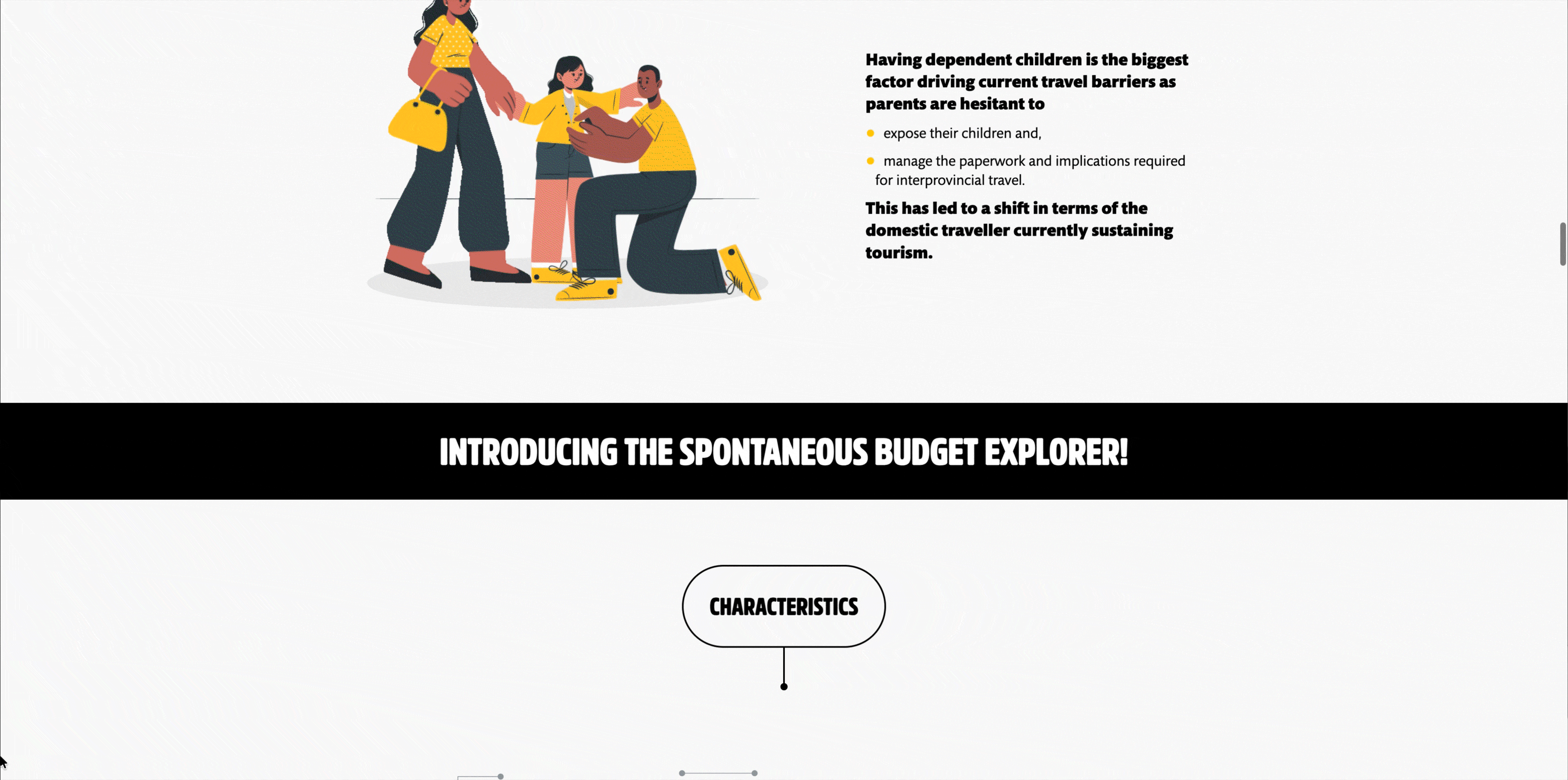 The travel-barriers section scrolling into the black 'Introducing the spontaneous budget explorer!' divider and on to the characteristics panel.